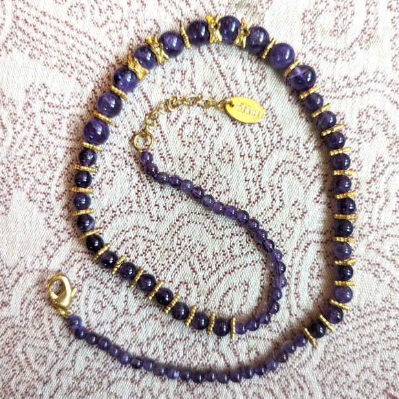 Stauer Genuine Amethyst Beaded Necklace Graduated with Gold Plated Spacers - Picture 12 of 12